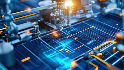 Solar-powered hydrogen production plant, intricate close-up of solar panels and processing units, fuel processing, clean fuel technology