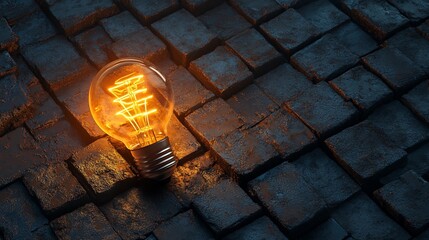 A glowing vintage light bulb on a dark cobblestone background.