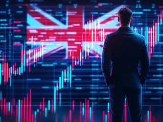 A businessman standing in front of a digital trading platform, economic growth, stock exchange with market chart, united kingdom finance and economy. investment trends global challenges.