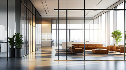 Wall Mural - Modern office interior with glass walls, large windows, and minimalistic design. 3D Rendering