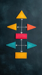 Fototapete - An abstract diagram made of colorful geometric shapes, depicting a flow or process on a dark background.