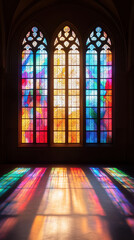 Leinwandbilder - A vibrant stained glass window casts colorful patterns on the floor, creating a serene and artistic atmosphere.