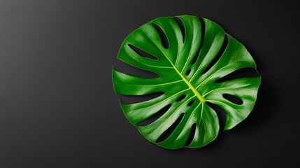 A single large green tropical leaf on a black background.