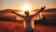© organik - Happy man thinking felling ambitious empowerment energy vision on moutain background. Christian prayer love freedom worship praise God. Strength courage self confidence good for yourself concept