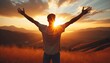 © organik - Happy man thinking felling ambitious empowerment energy vision on moutain background. Christian prayer love freedom worship praise God. Strength courage self confidence good for yourself concept