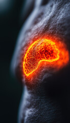 Leinwandbilder - A glowing, abstract shape on textured skin, exuding a vibrant orange light, reminiscent of organic forms or biological structures.
