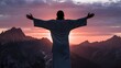 © organik - Happy man thinking felling ambitious empowerment energy vision on moutain background. Christian prayer love freedom worship praise God. Strength courage self confidence good for yourself concept