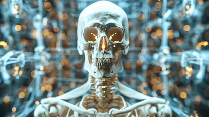 A highly detailed futuristic hologram scan of the human skeletal system, highlighting every bone in glowing, translucent layers.