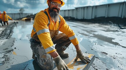 Construction worker kneeling on fresh concrete. leveling cement