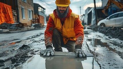 Aufkleber - Construction worker kneeling on fresh concrete. leveling cement