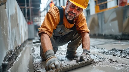 Aufkleber - Construction worker kneeling on fresh concrete. leveling cement
