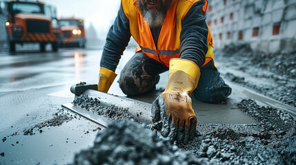 Aufkleber - Construction worker kneeling on fresh concrete. leveling cement