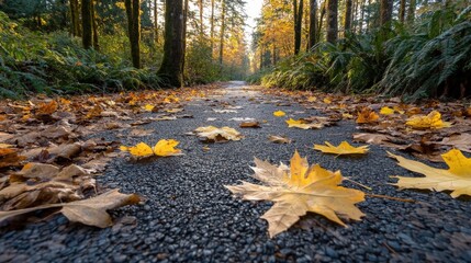 A peaceful autumn scene with colorful fall leaves scattered on a pathway through the forest