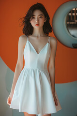 Sticker - A fashionable young Chinese woman wearing a white sleeveless knee length dress stood there and took a full body.