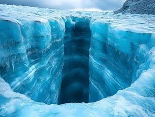 A stunning view of a deep blue ice crevasse, showcasing intricate layers of ice and reflecting ambient light, creating an ethereal and serene atmosphere.