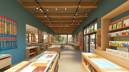 Modern interior of a store with wooden shelves, blue walls, and natural light.