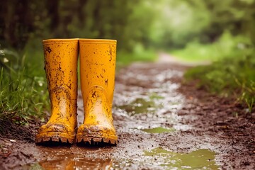 Canvas Print - Vibrant Rainy Day Adventure with Muddy Rain Boots on a Countryside Path