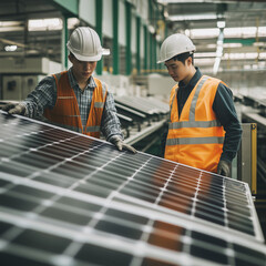 Two Factory Workers Inspecting Solar Panels In A Photovoltaic Factory