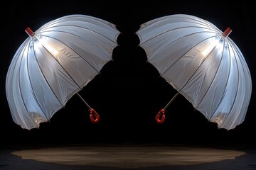 Two White Umbrellas Back to Back Against a Black Background