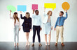 © Koegelenberg Coop/peopleimages.com - Business, employees and smile in row with speech bubble for communication, social media and text. People, candidates and happy with mockup space for quote, announcement or message on white background