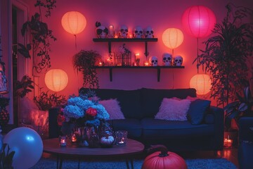 Cozy Halloween Living Room with Black and Pink Decorations, Skulls, Candles, and Warm Lighting for an Inviting Atmosphere