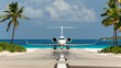 © aubriella - A luxurious private jet landing on a pristine island runway, with attention to the jet鈥檚 elegant design and the island鈥檚 beautiful surroundings, Tropical setting with focus on luxury travel