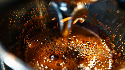 Coffee machine is pouring a dark brown liquid into a cup. The coffee is steaming and has a rich, earthy aroma