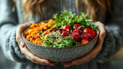 Wall Mural - person enjoying a balanced meal with fiberrich foods set against a simple background