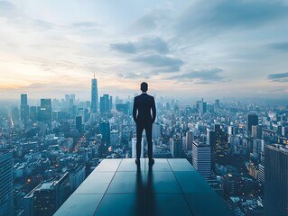 Businessperson Overlooking Urban City Skyline from Skyscraper Reflecting Ambition and Vision