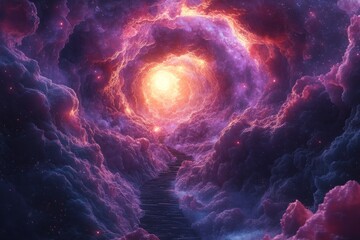 Wall Mural - a cosmic scene depicting a swirling vortex of clouds leading to a bright center.