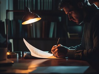 Businessperson Reviewing Financial Documents Late at Night Under Desk Lamp s Glow