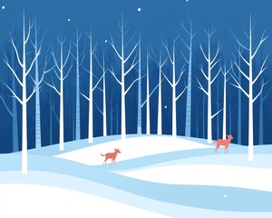 A serene winter landscape featuring stylized trees and two deer in a snowy setting.