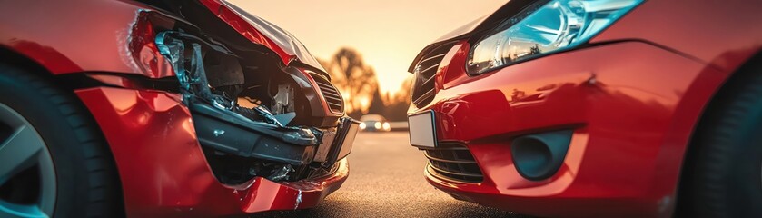 Photo of two cars involved in a minor accident at an intersection Both vehicles have visible damage to the front bumpers