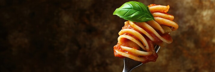 Aufkleber - A metal fork holds flavorful Italian pasta with rich tomato sauce and a fresh basil leaf, ideal for a comforting meal. Generative AI