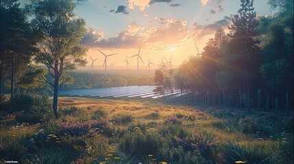 Aufkleber - A forest or open field with wind turbines and solar panels, showcasing the harmony between renewable energy and the environment.