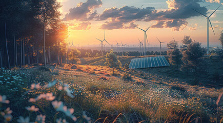 Wall Mural - A forest or open field with wind turbines and solar panels, showcasing the harmony between renewable energy and the environment.