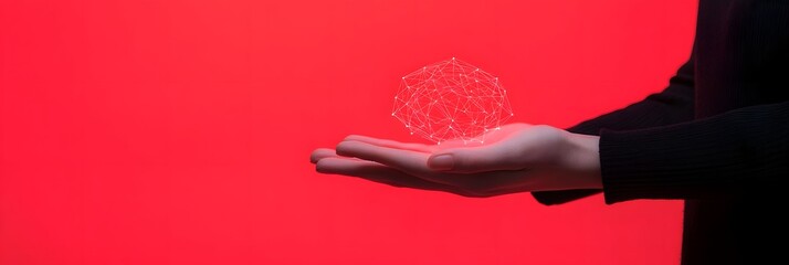 Wall Mural - an outstretched hand holds a glowing sphere against a vibrant red backdrop, symbolizing energy or po