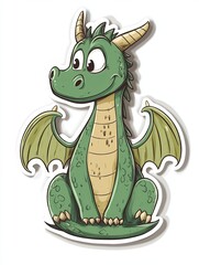 Wall Mural - A cartoon green dragon with wings and horns sits on a white background, smiling.