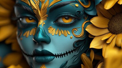 A vibrant, artistic close-up of a woman with blue face paint, intricate designs, and surrounded by bright sunflowers.