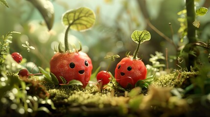 Poster - Cute Red Plant Characters in a Lush Forest