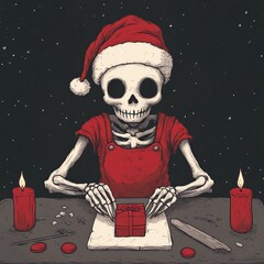 A skeleton in a Santa hat wrapping a gift with candles on a table.