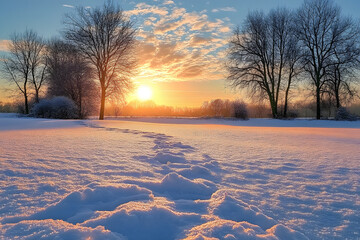 Wall Mural - Over a snow-covered field, a beautiful winter sunrise greets you