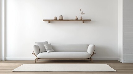 Wall Mural - A minimalist room with white walls, a light gray couch, and a single wooden shelf holding a few decorative items. The floor is natural oak, with a soft cream-colored rug adding warmth.