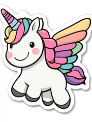 Wall Mural - Cute cartoon unicorn with rainbow wings and horn flying in the air.