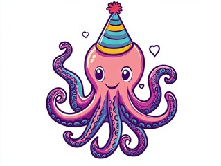 Wall Mural - A cartoon illustration of a pink octopus wearing a party hat.