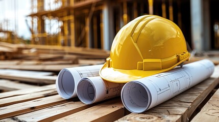 Aufkleber - Close up view of Yellow safety helmet placed on rolled-up blueprints, with scattered wood planks nearby, with copy space. Bright daylight. Construction site under development background.