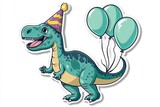 A cute green dinosaur wearing a party hat and holding three balloons.