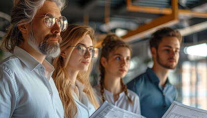 Poster - Group of diverse architects, engineers, and project managers collaborating on a building project, bright and professional office environment, confident and focused expressions.