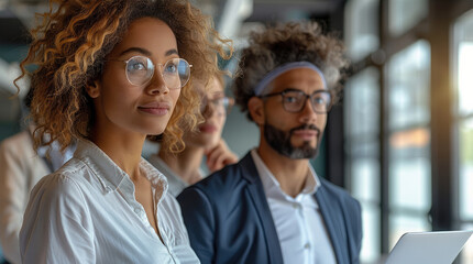 Poster - Group of diverse architects, engineers, and project managers collaborating on a building project, bright and professional office environment, confident and focused expressions.