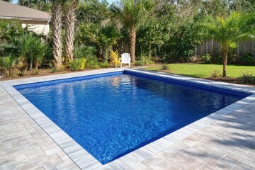 A sparkling blue swimming pool surrounded by lush greenery.